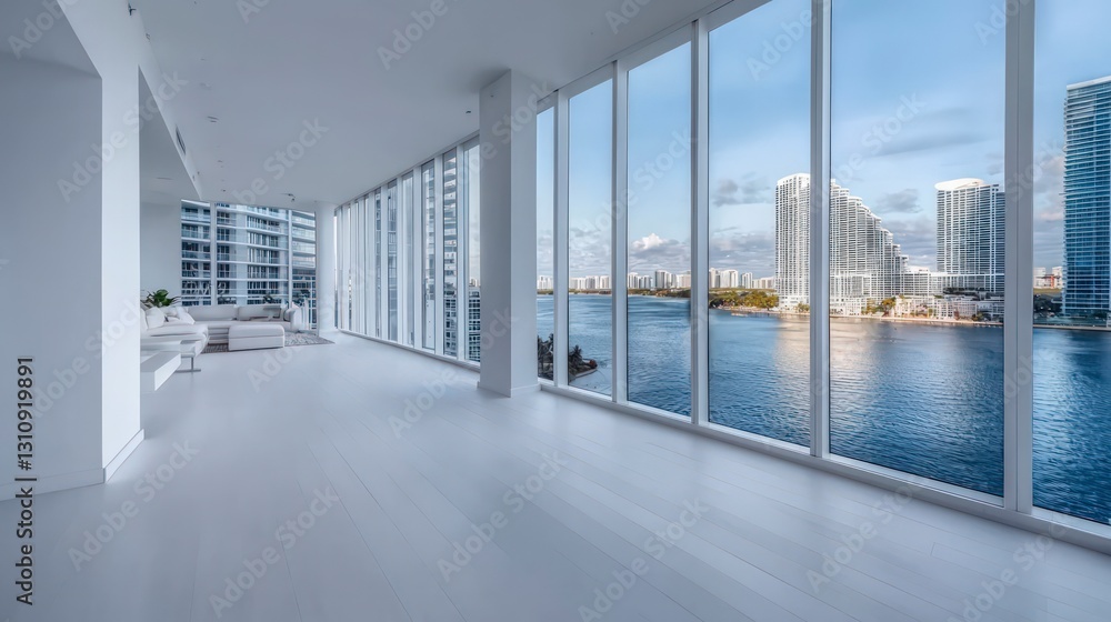 Fototapeta premium Modern Minimalist Apartment Panoramic City Water Views