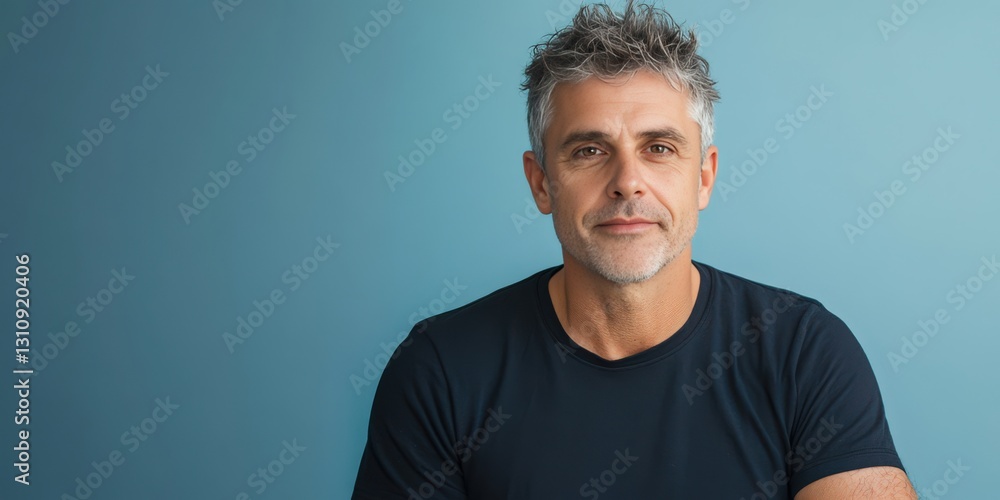 Obraz premium Confident Middle-Aged Man with Stylish Hair Against a Blue Background