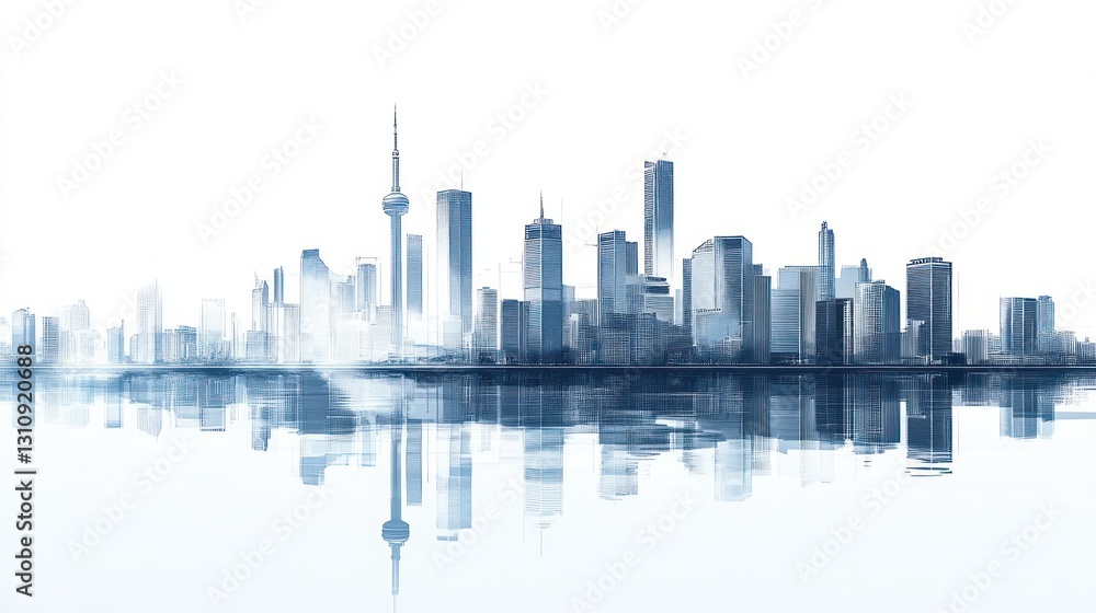 Obraz premium Cityscape skyline reflection, urban development, misty morning, architectural design, real estate