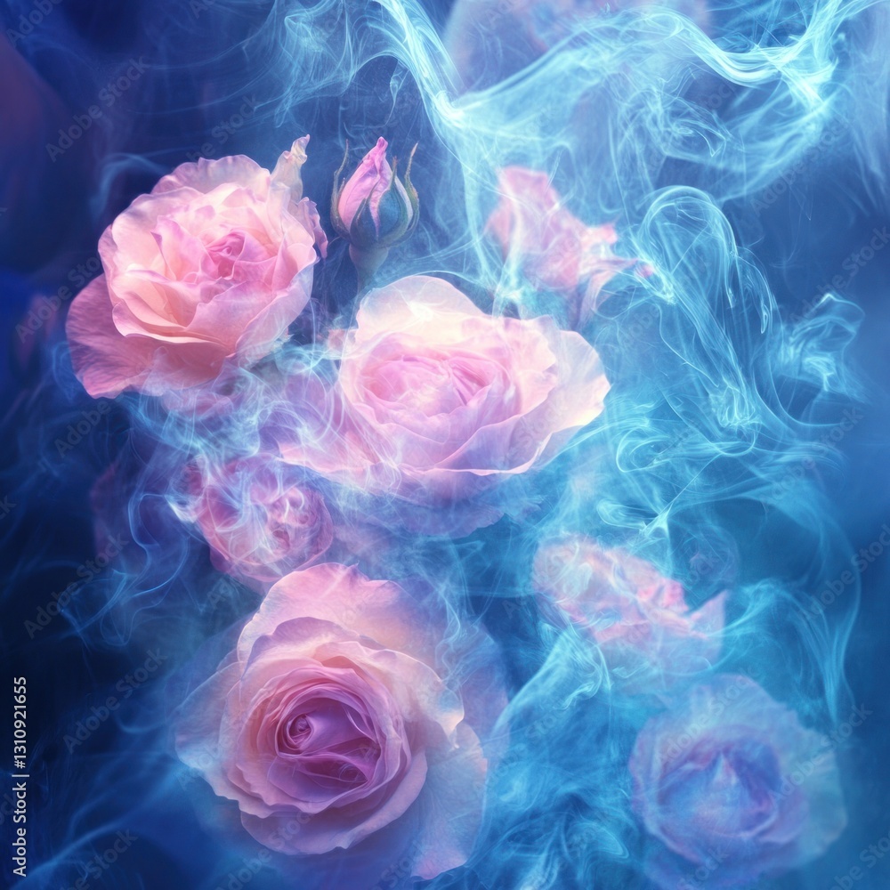 Fototapeta premium Dreamy pink roses enveloped in ethereal blue smoke. (1)