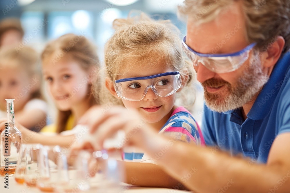 Engaging Science Experiment with Young Girl and Older Man, Both Wearing Safety Goggles, in a Bright, Cheerful Laboratory Environment. Engaging Science Experiment with Young Girl and Older Man, Both Wearing Safety Goggles, in a Bright, Cheerful Laboratory Environment.