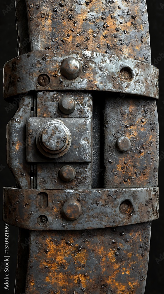 Close-up of a rusty metal belt with rivets and bolts, showcasing industrial design. Close-up of a rusty metal belt with rivets and bolts, showcasing industrial design.
