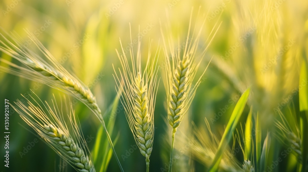 Young green wheat stands tall in a vibrant field, illuminated by soft sunlight. The delicate ears sway gently with the breeze, showcasing nature's vitality and growth in springtime Young green wheat stands tall in a vibrant field, illuminated by soft sunlight. The delicate ears sway gently with the breeze, showcasing nature's vitality and growth in springtime