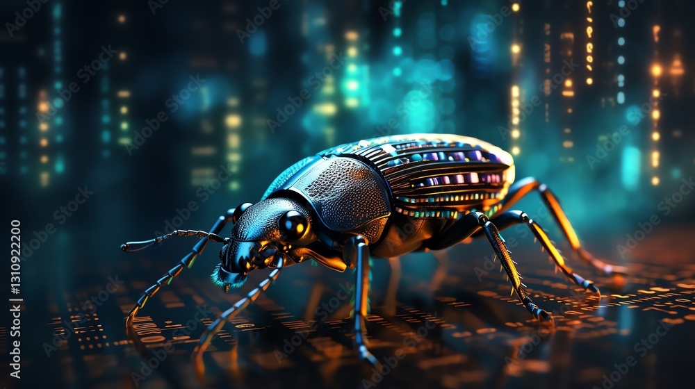 Fototapeta premium A digital bug moving through rows of binary code, representing software testing, glitchy background, ultra-sharp focus, cyberpunk style