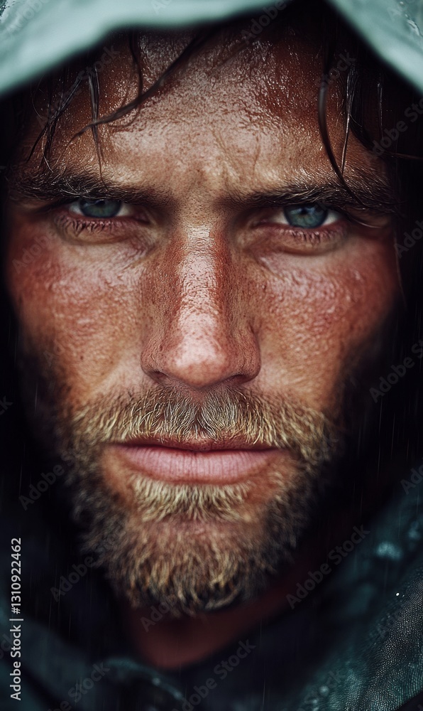 Fototapeta premium Climate Resilience Portrait Hyper-Realistic Gen Z Survival Aesthetic Capturing Extreme Weather Endurance and Emotional Fortitude in Urban Outdoor Performance Apparel