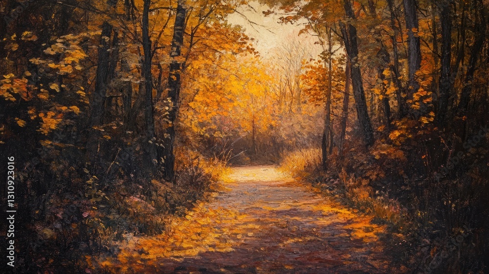 Obraz premium Autumnal Path: A Golden Forest Trail