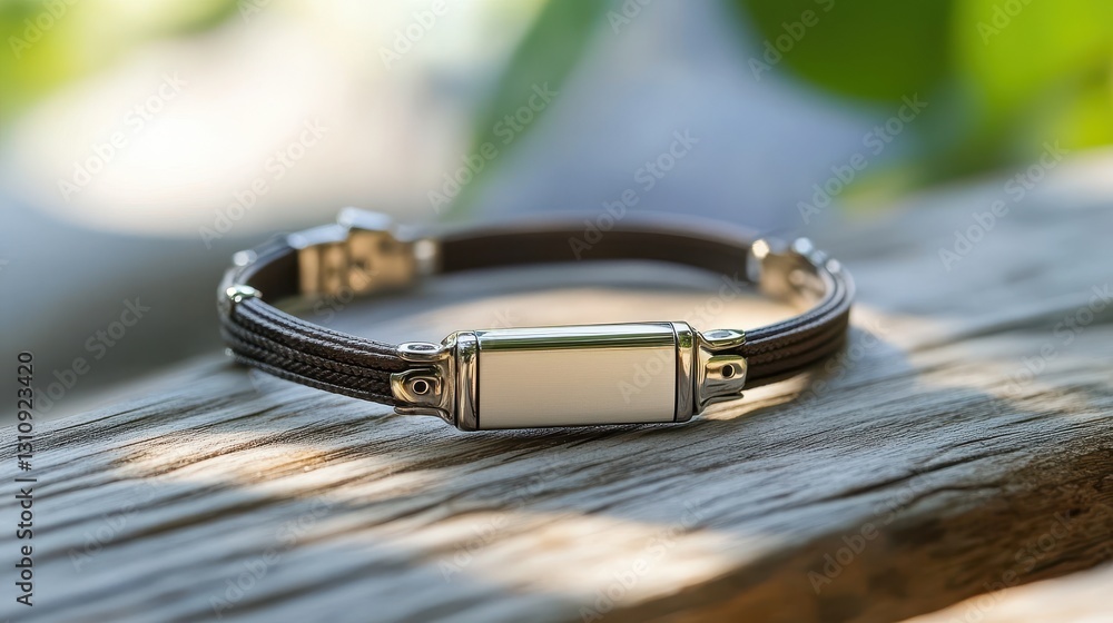 Elegant Silver Bracelet with Leather Strap on Natural Wood Surface Elegant Silver Bracelet with Leather Strap on Natural Wood Surface
