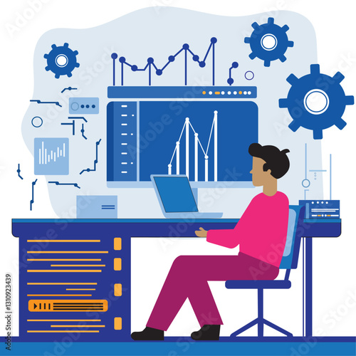 Business Man working on laptop connected to server and visualising data, data analysis concept vector