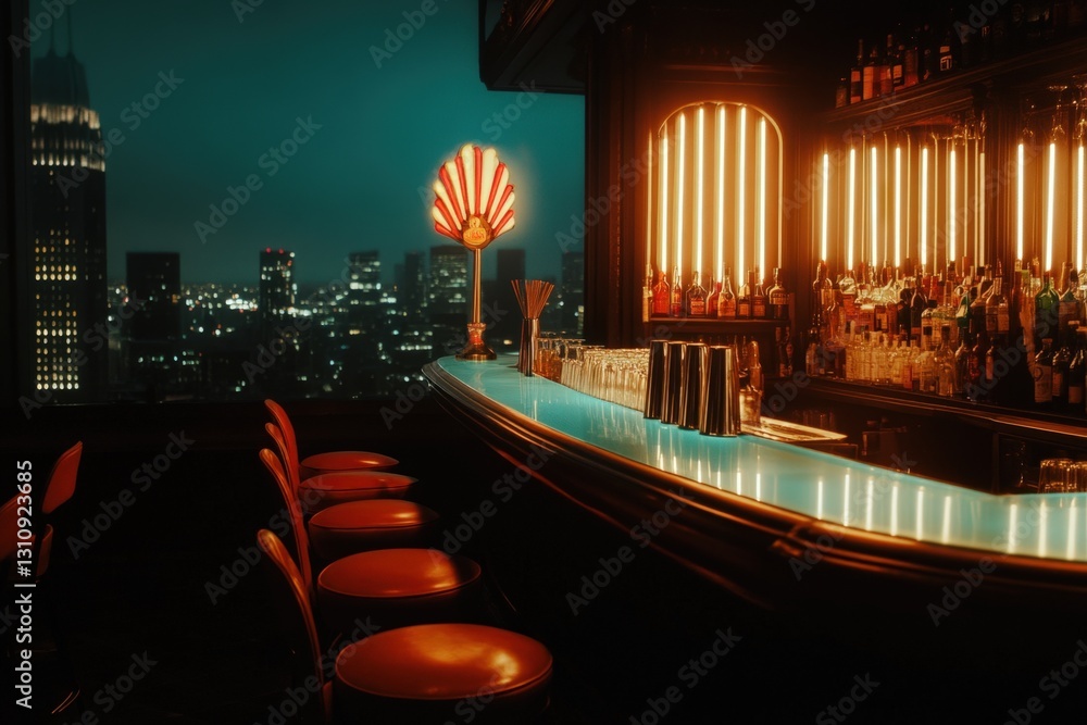 Fototapeta premium A Glamorous Nighttime View from a Rooftop Bar with Glowing Neon Lights and Iconic Cityscape Highlights.