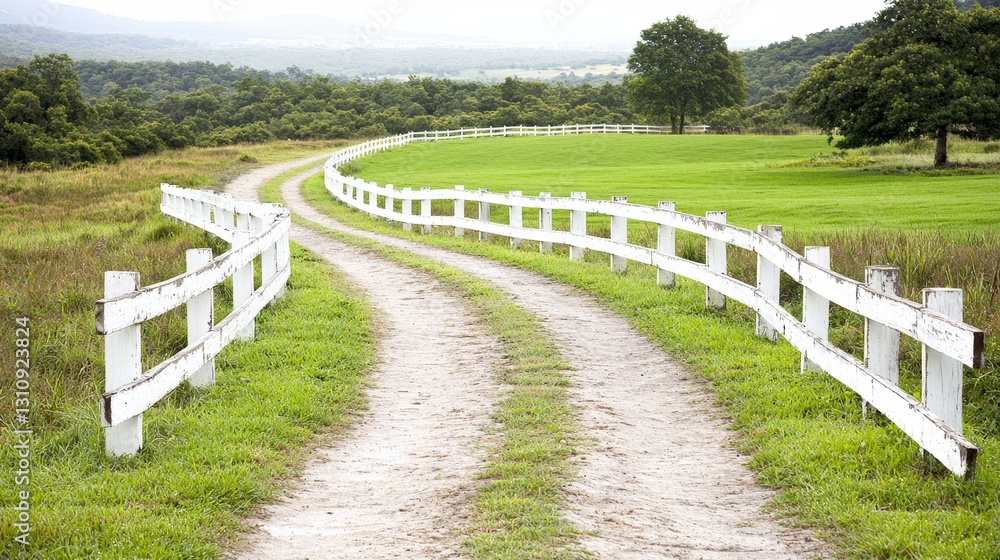 Scenic Country Road White Fence Green Pasture Rural Landscape Scenic Country Road White Fence Green Pasture Rural Landscape