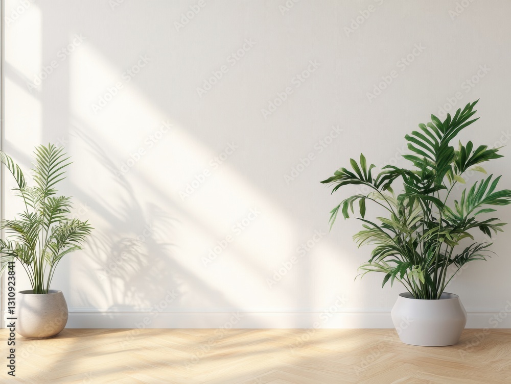 Fototapeta premium Minimalist Zen Interior Design Soft Natural Light Casting Botanical Shadows on Serene White Wall - Biophilic Home Styling Mockup for Wellness Spaces