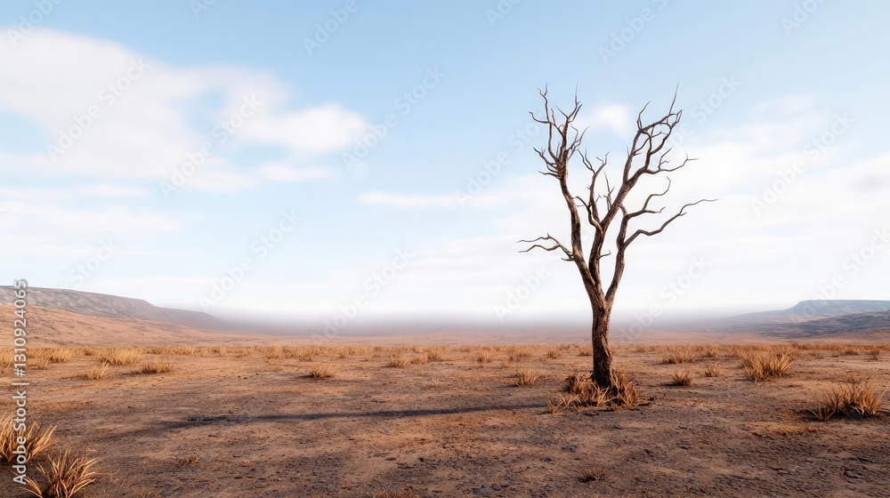 Climate Change drought idea. A solitary dead tree stands in a vast, arid landscape under a clear blue sky. Climate Change drought idea. A solitary dead tree stands in a vast, arid landscape under a clear blue sky.