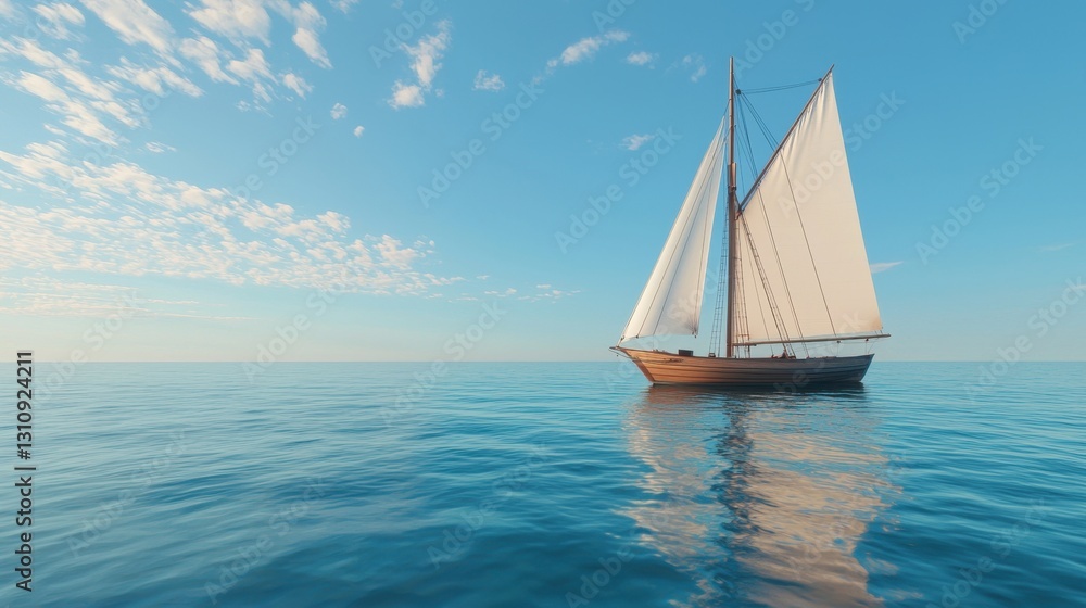Naklejka premium Tranquil Sailing Boat on Calm Ocean with Beautiful Blue Sky