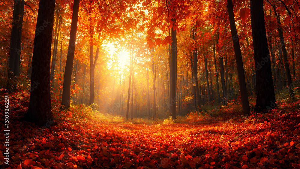 Fototapeta premium A dense forest in autumn, with a golden carpet of fallen leaves