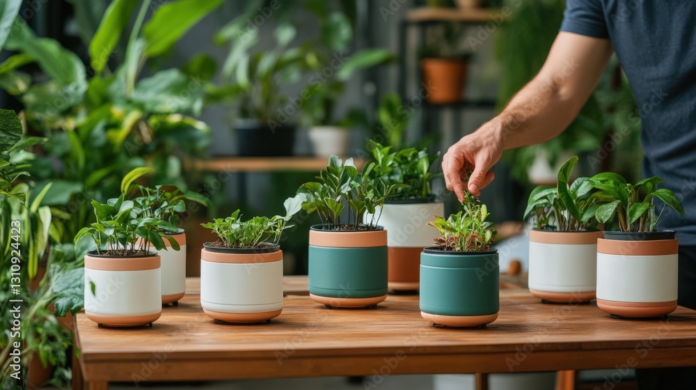 A Lush Urban Jungle: A Person Tending to Indoor Potted Plants in a Bright and Inviting Workspace Surrounded by Abundant Greenery. A Lush Urban Jungle: A Person Tending to Indoor Potted Plants in a Bright and Inviting Workspace Surrounded by Abundant Greenery.