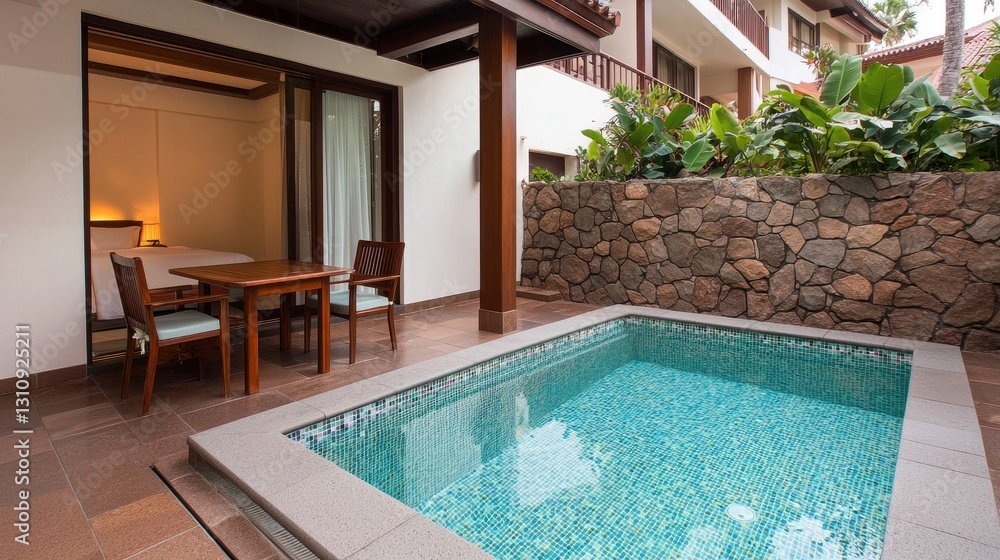 Fototapeta premium Cozy private patio with a small pool and lush green plants