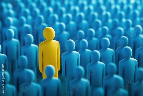 Obraz na płótnie single yellow figure standing confidently amid sea of identical blue figures, visually representing individuality, talent acquisition, and the search for exceptional candidates in business w salonie
