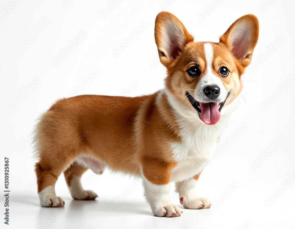 Young adorable Pembroke Welsh Corgi with tongue out stands in studio with white backdrop. Dog orange, brown, white. Purebred puppy on plain background looks happy, cheerful. One of popular breeds. Young adorable Pembroke Welsh Corgi with tongue out stands in studio with white backdrop. Dog orange, brown, white. Purebred puppy on plain background looks happy, cheerful. One of popular breeds.