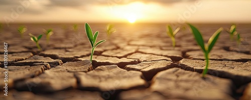 Climate change drought concept. A hopeful scene of young plants sprouting in dry cracked earth under a warm sunset.