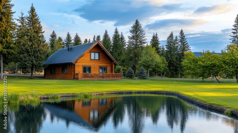 Fototapeta premium Cozy wooden house surrounded by lush greenery and tranquil pond