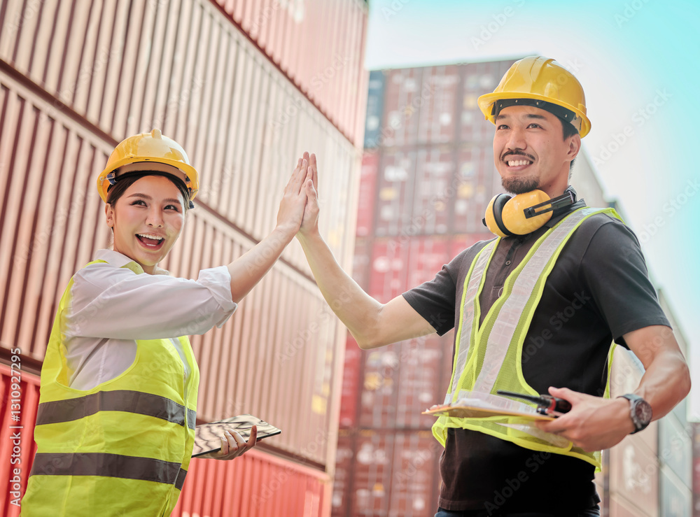 Engineer man and woman with high five , Celebration Success