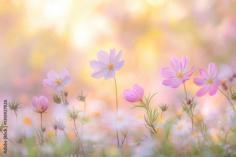 sun-dappled spring meadow bursting with delicate pastel blooms, soft-focus foreground flowers framing distant cherry blossoms, golden hour light creating dreamy atmospheric bokeh effect sun-dappled spring meadow bursting with delicate pastel blooms, soft-focus foreground flowers framing distant cherry blossoms, golden hour light creating dreamy atmospheric bokeh effect