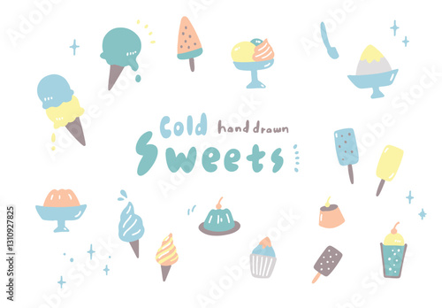 くすみカラーの冷たいスイーツのイラストセット