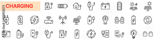 Charging Icons – Battery Power Supply, Energy Storage, Solar Charging, Electric Vehicles, Renewable Energy