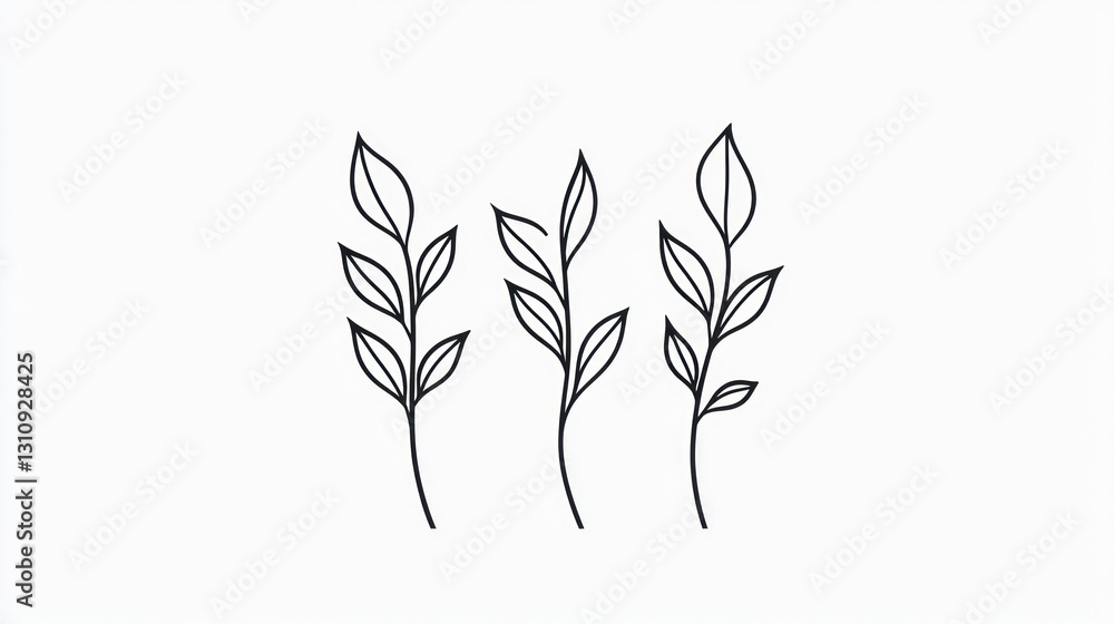 Simple line art; three leaf sprigs; white background; design element Simple line art; three leaf sprigs; white background; design element