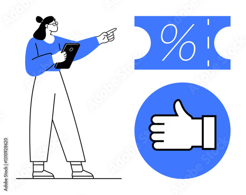 Woman holding tablet, pointing to discount voucher and thumbs up icon. Ideal for business, marketing, promotions, discounts, feedback, customer satisfaction e-commerce. Abstract line flat metaphor