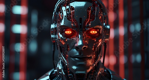 A chrome-plated robot with glowing red eyes and exposed circuits, surrounded by holographic screens, exudes a menacing presence.  