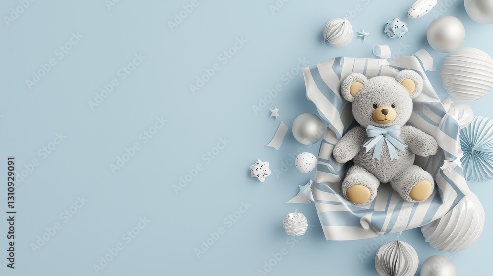 Obraz premium 3D Teddy Bear Surrounded by Shiny Wrapping Paper and Decorative Elements for Celebration