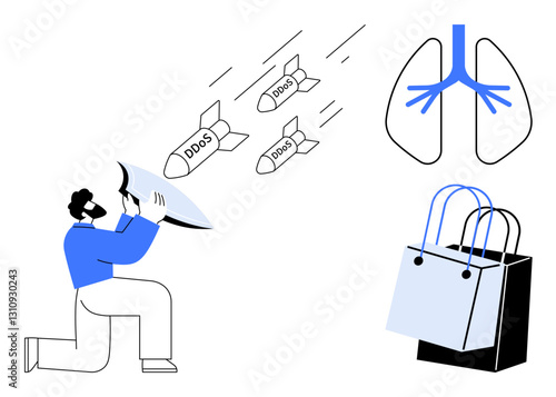 Man using shield to block DDoS attack missiles, with lung diagram representing health challenges, and shopping bags indicating consumerism. Ideal for cybersecurity, health risks, consumer behavior