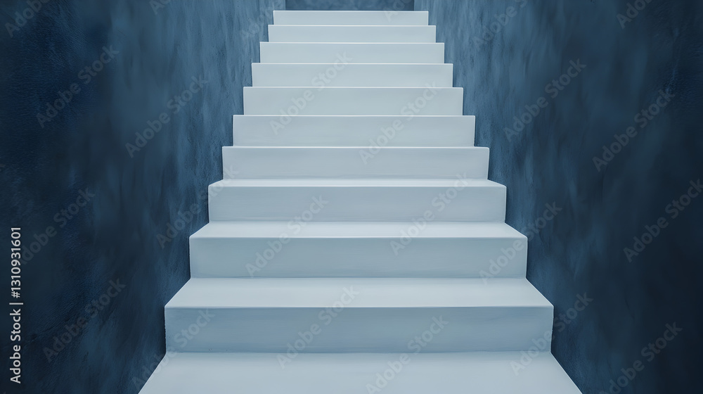 Fototapeta premium Ascending white stairs modern architecture minimalist design indoor space straight-on view