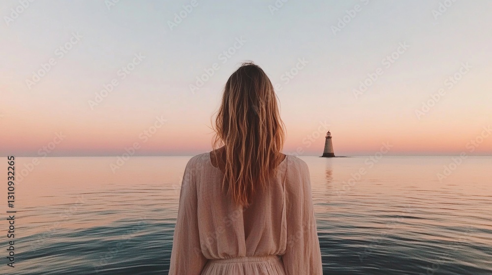 Fototapeta premium Tranquil Coastal Solitude Minimalist Gen Z Wellness Retreat - Soft Pastel Sunrise Meditation for Digital Mindfulness and Emotional Reset