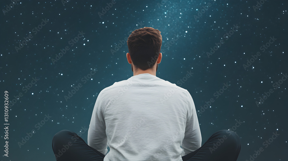 Fototapeta premium Serene man reflecting under a starry sky digital art of cosmic contemplation