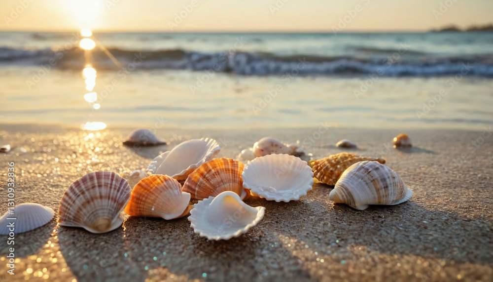 Seashell Serenity: Gentle Sunrise Glow Over Sparkling Shore Waters. Generative AI Seashell Serenity: Gentle Sunrise Glow Over Sparkling Shore Waters. Generative AI