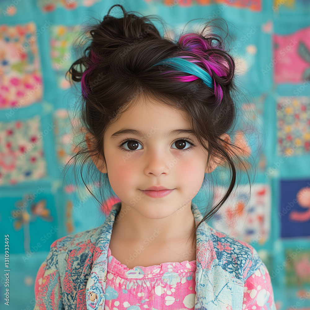 A Whimsical Portrait of a Young Girl with Colorful Hair in a Playful, Artistic Setting Surrounded by Vibrant Quilted Patterns and Brightly Colored Fabrics. A Whimsical Portrait of a Young Girl with Colorful Hair in a Playful, Artistic Setting Surrounded by Vibrant Quilted Patterns and Brightly Colored Fabrics.