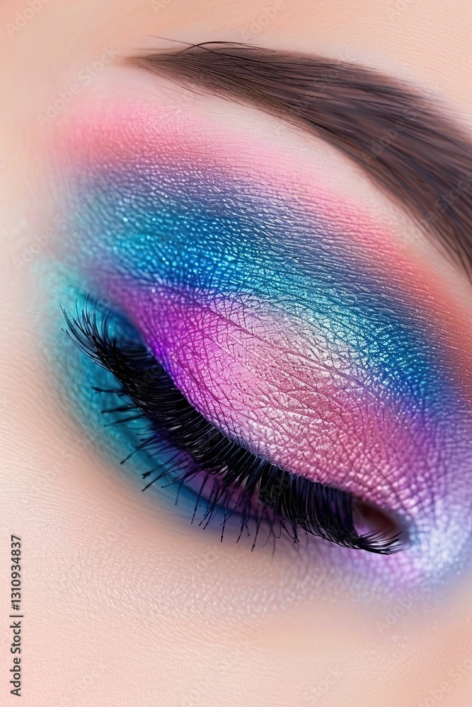 Fototapeta premium Frosted Makeup Featuring Metallic Ice-Blue Eyeshadow and Delicate Icy Glitter Accenting Lips for a Stunning Look in a Beauty Studio Setting