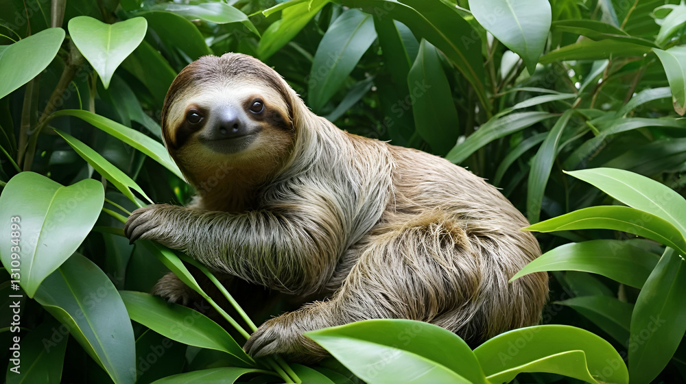 Fototapeta premium an image of a sloth is sitting in the bushes, there is a sloth that is sitting in the bushes