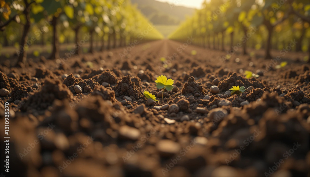 Close-up of a vineyard with vibrant green grapevines planted in neat rows, bathed in golden sunlight, symbolizing sustainable farming. Close-up of a vineyard with vibrant green grapevines planted in neat rows, bathed in golden sunlight, symbolizing sustainable farming.