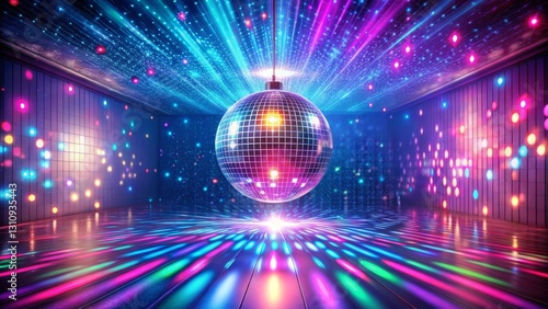 Disco Ball in Vibrant Neon Light Show with Reflective Floor and Sparkling Ceiling