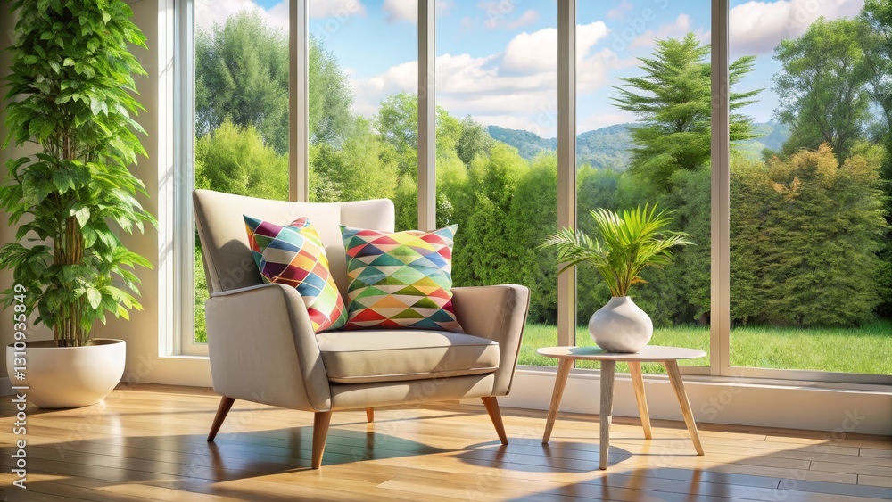 Fototapeta premium Relaxing armchair view overlooking lush greenery, sunlight streams through expansive windows, creating a serene and peaceful atmosphere