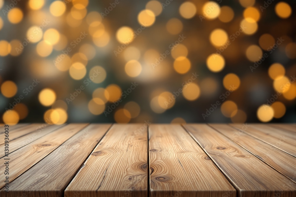 Wooden table with blurred golden bokeh lights in background, perfect for advertising or product presentation. Wooden table with blurred golden bokeh lights in background, perfect for advertising or product presentation.
