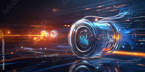 Futuristic digital interface with glowing elements and data visualization