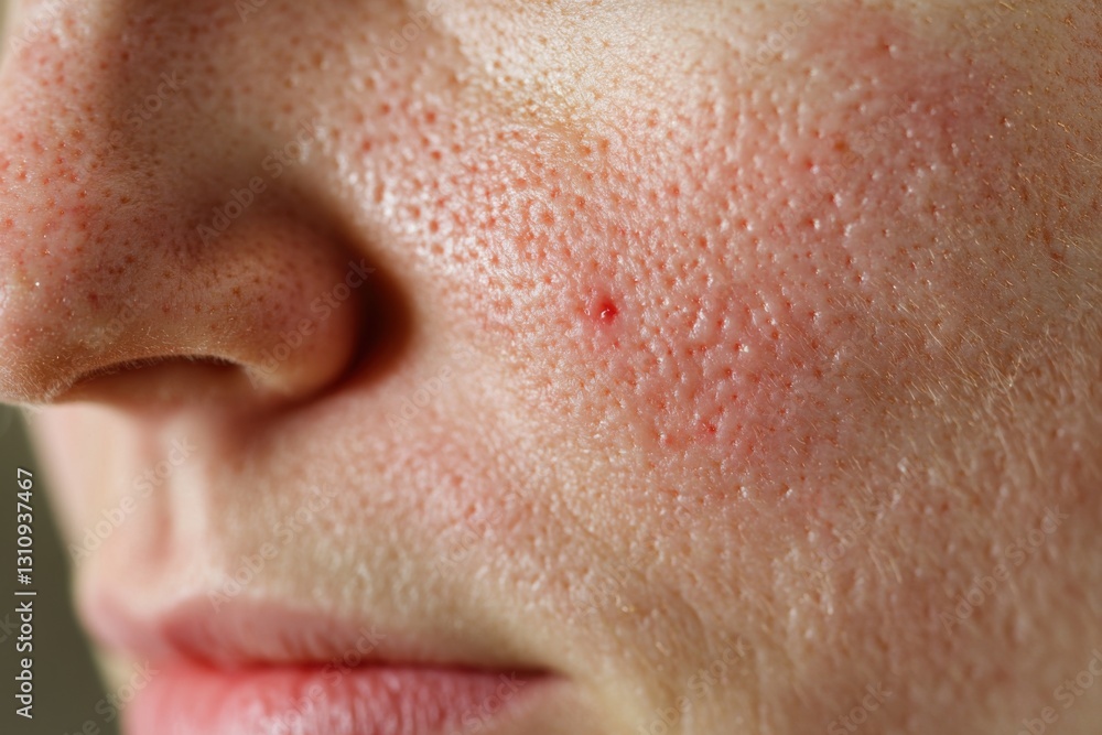 Close-Up of Human Skin with Visible Pores and Acne on Cheek Area Close-Up of Human Skin with Visible Pores and Acne on Cheek Area