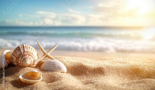 Fototapeta Naklejka Na Ścianę i Meble -  Seashells on golden beach at sunrise