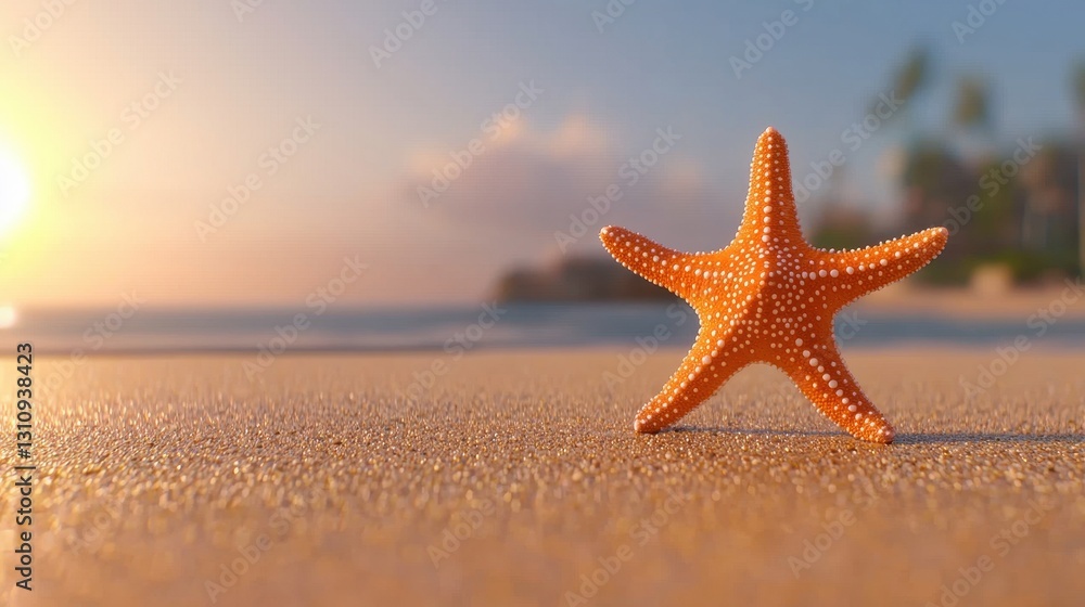 Vibrant Starfish on Sandy Beach at Sunset with Gentle Waves Vibrant Starfish on Sandy Beach at Sunset with Gentle Waves