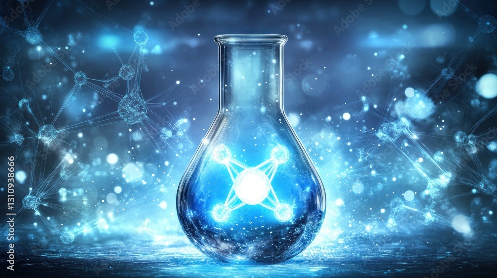 Lab Flask, glowing molecule, science, dark background, research Lab Flask, glowing molecule, science, dark background, research