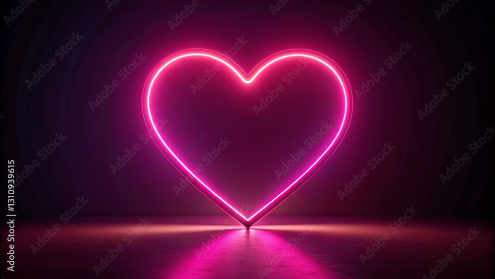 A Glowing Pink Neon Heart Shape in a Dark Room Reflecting on a Smooth Surface A Glowing Pink Neon Heart Shape in a Dark Room Reflecting on a Smooth Surface